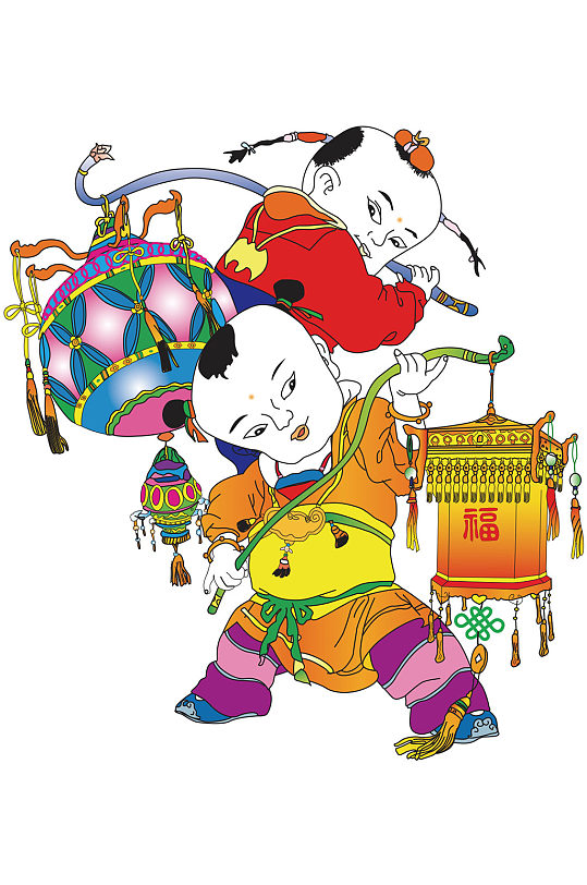 福气临门童男童女年画娃娃插画