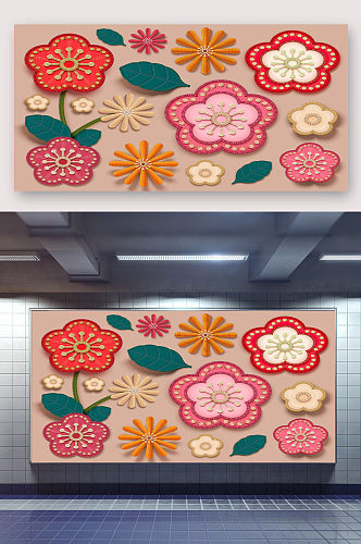 春节刺绣花朵免扣背景展板