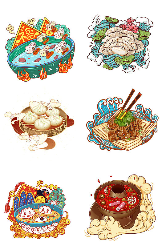 国潮文化中华传统美食小笼包饺子免抠元素