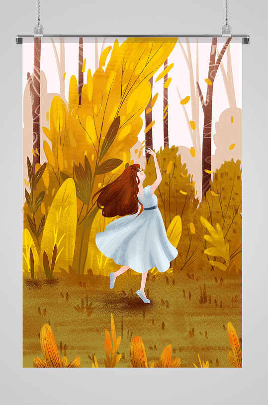 秋季森林跳舞的女孩手绘插画