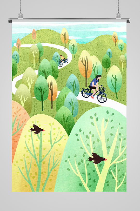 夏季山间骑单车旅游插画