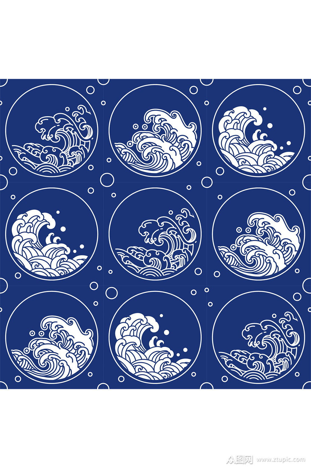 圆形海浪花纹线条免扣元素蓝色浪花展板