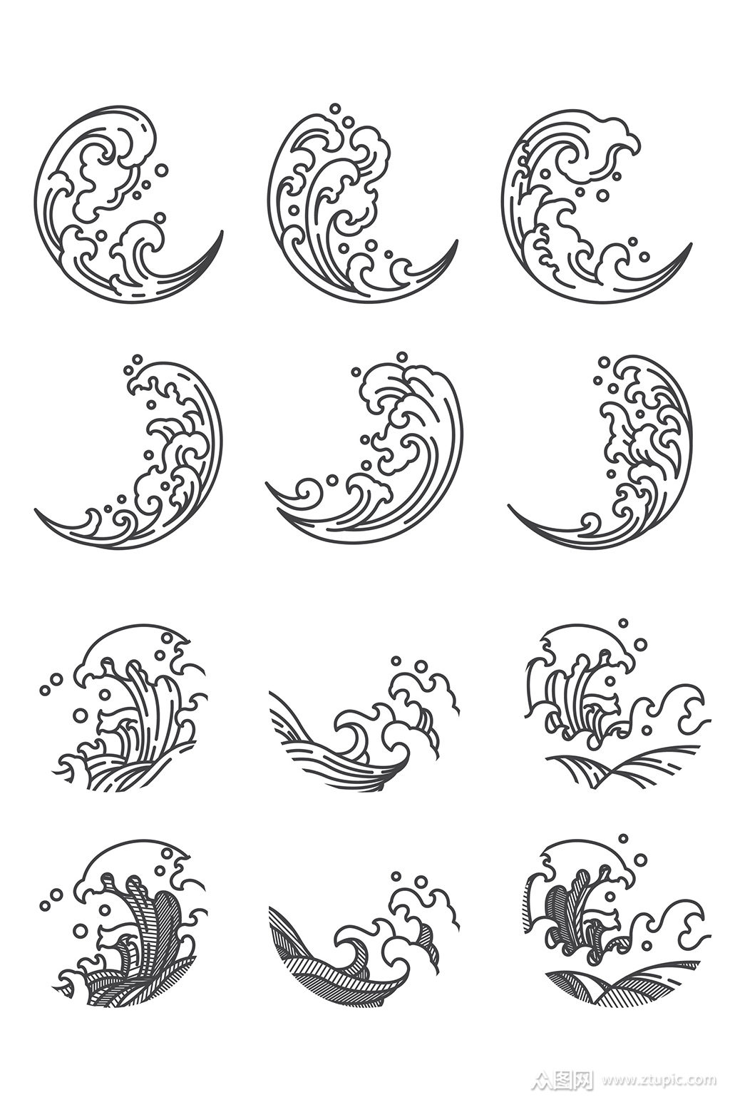 黑白手绘线条浪花免扣元素素材