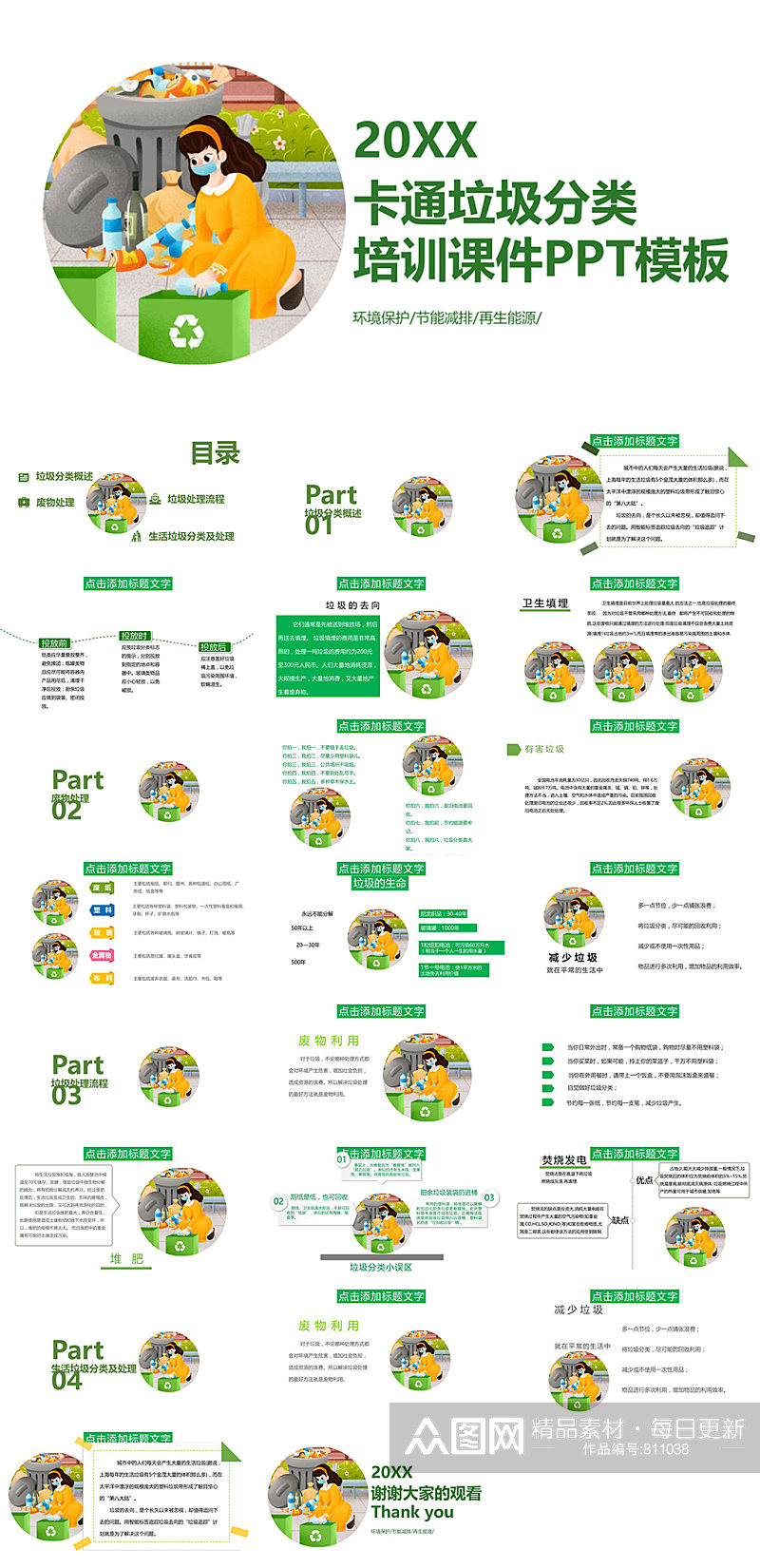 圆形卡通垃圾分类宣传PPT模版素材