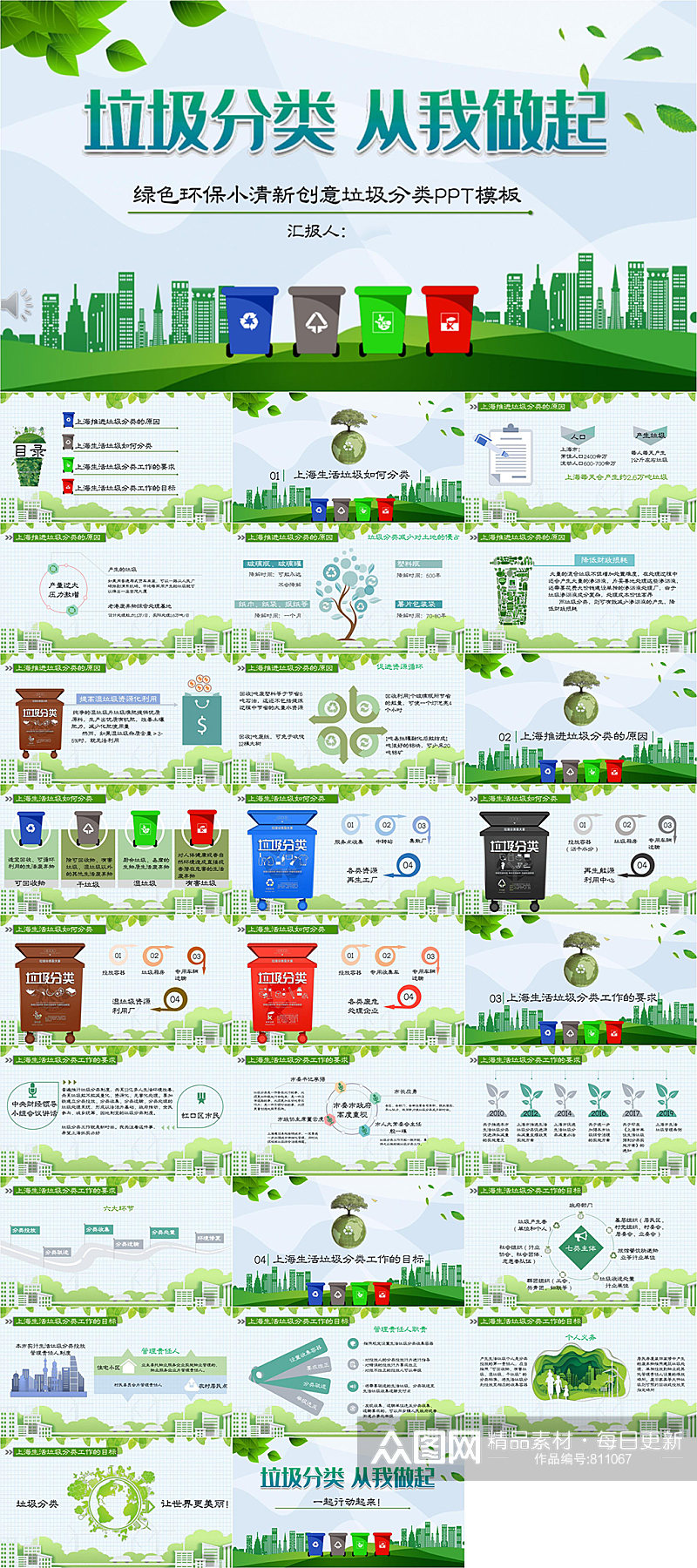 绿色环保小清新创意垃圾分类PPT模版素材