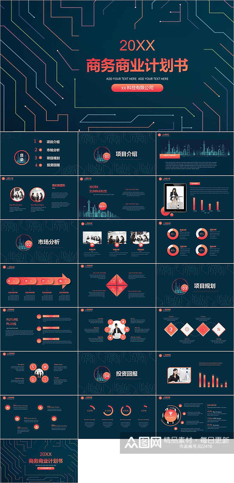科技风商务商业计划书PPT模版素材