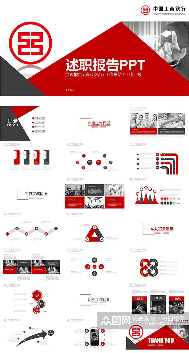 ICBC工商银行述职报告简洁PPT模板素材