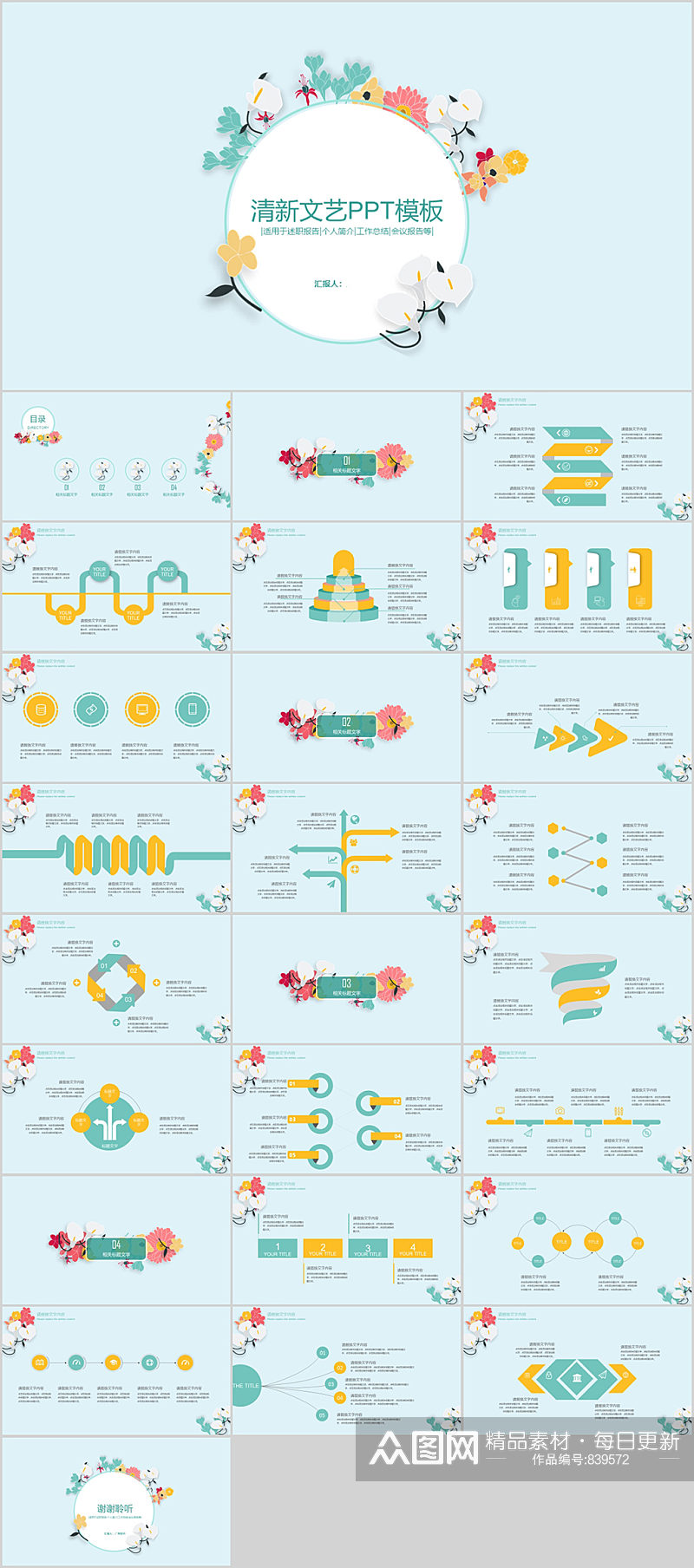清新文艺花环工作汇报PPT模板素材