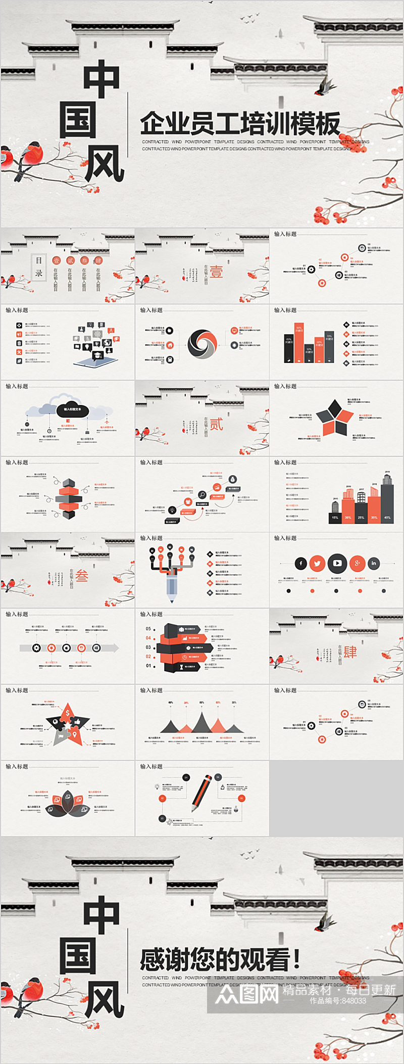 中国风建筑背景企业员工培训PPT素材