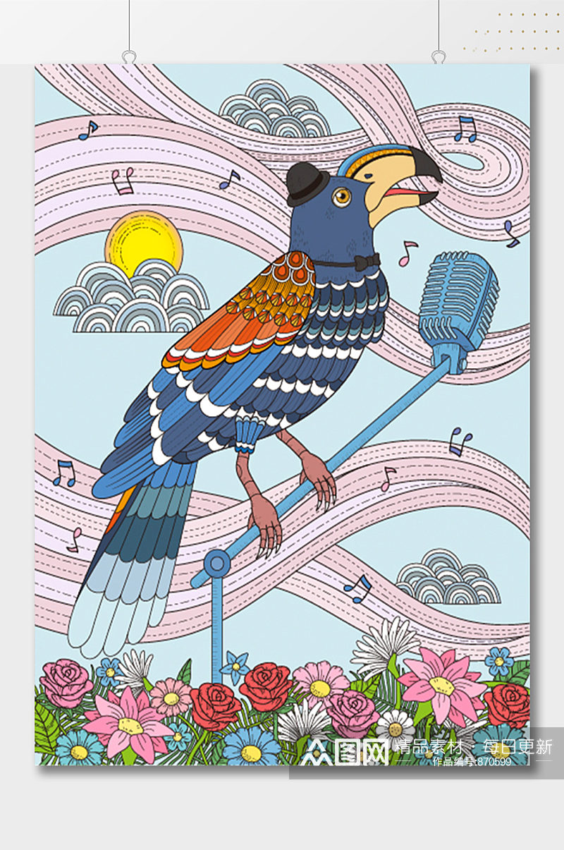 创意手绘鹦鹉唱歌插画素材