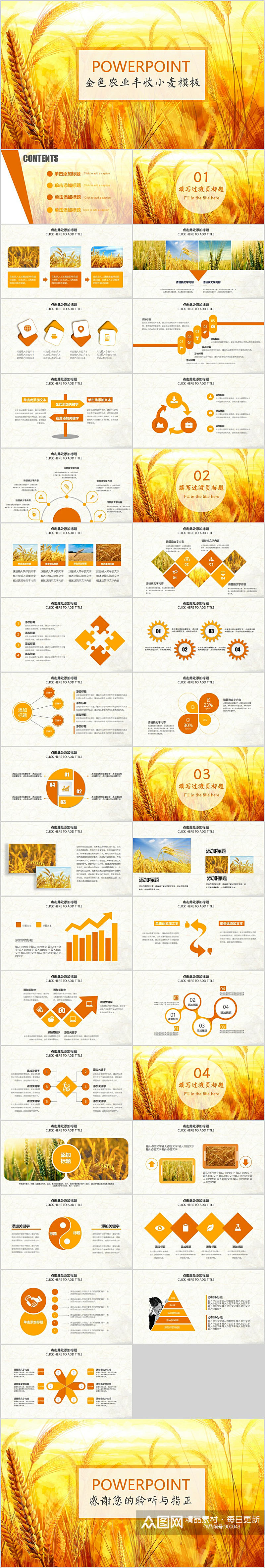 金色农业丰收小麦PPT模板素材