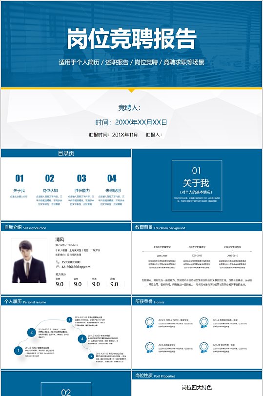 蓝色岗位竞聘报告简约PPT-众图网