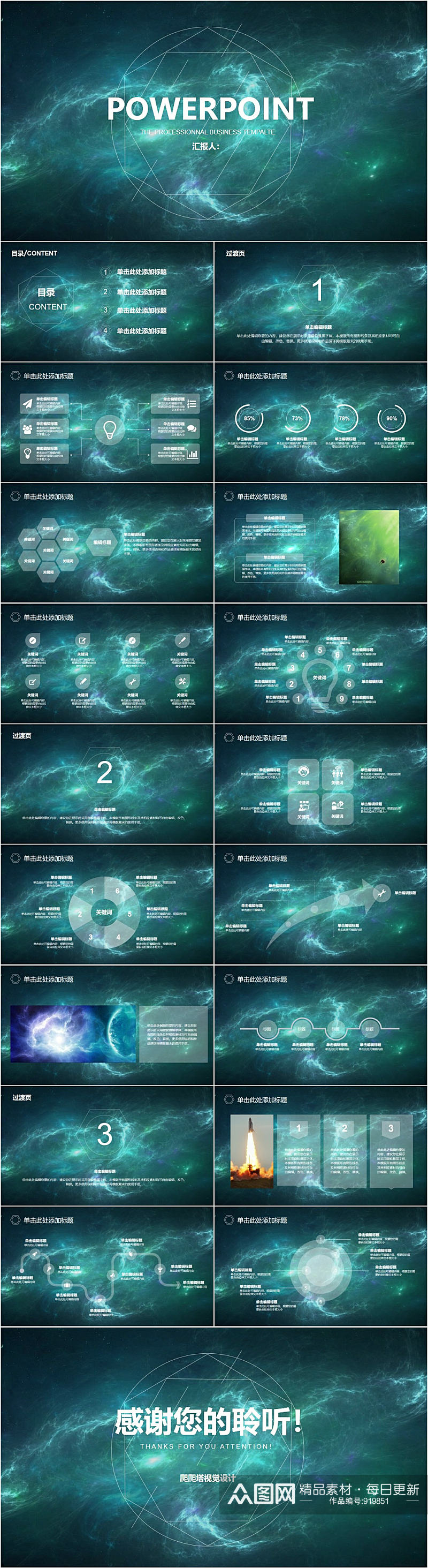 绿色梦幻星空商务PPT模板素材