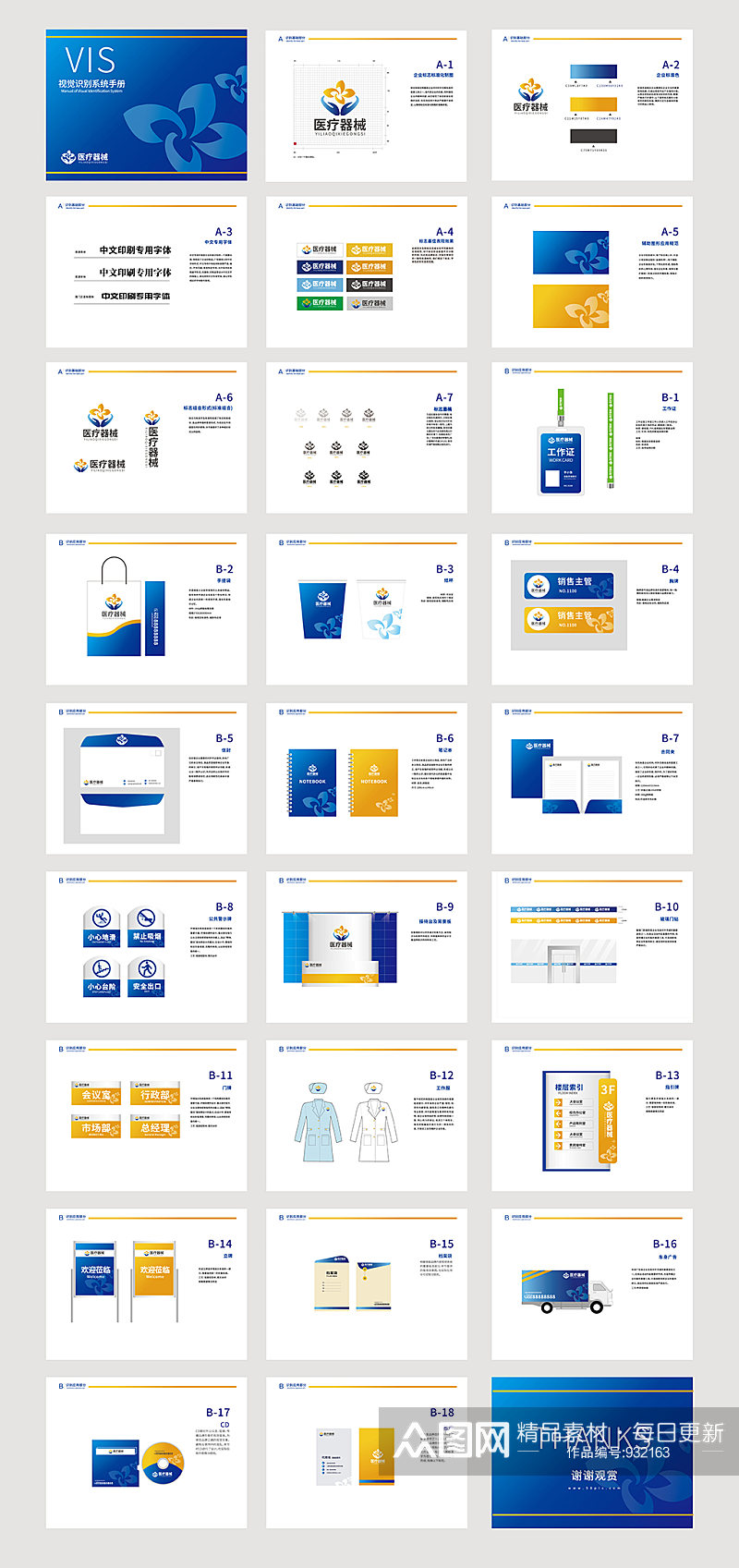 医疗器械公司黄蓝色VI手册素材