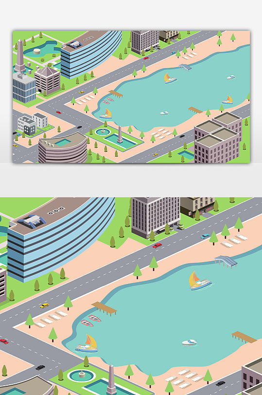 夏季游泳城市风景创意插画