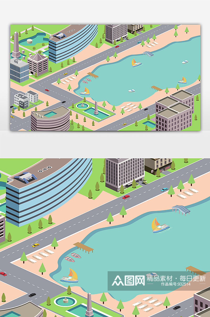 夏季游泳城市风景创意插画素材