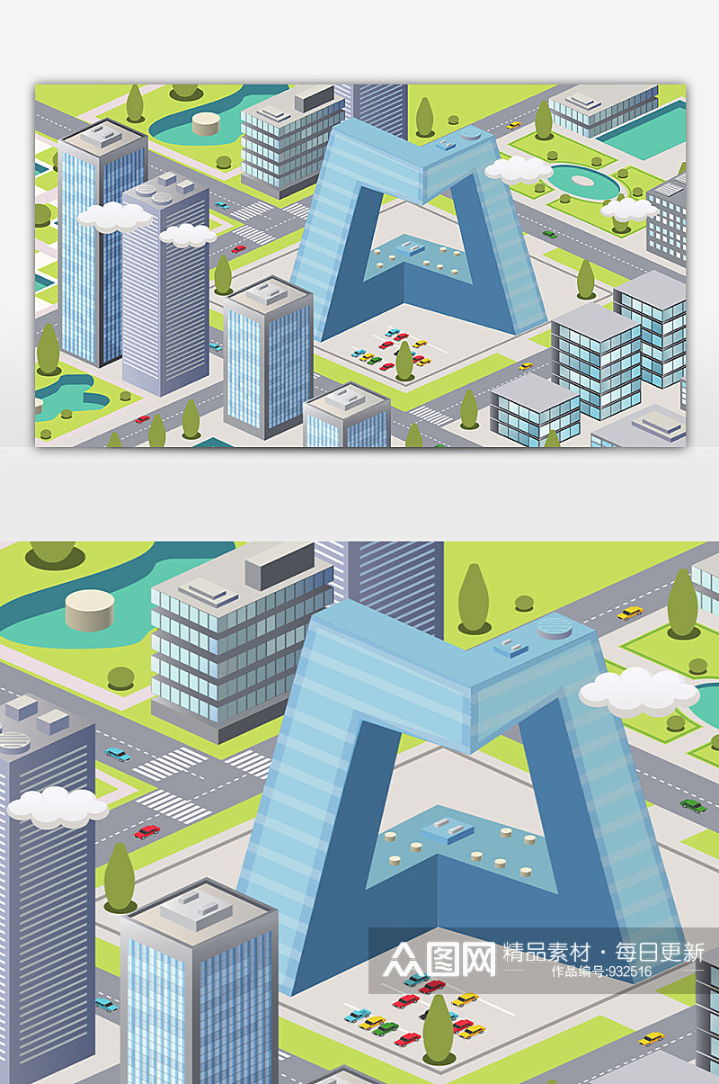 城市立体地标建筑创意插画素材