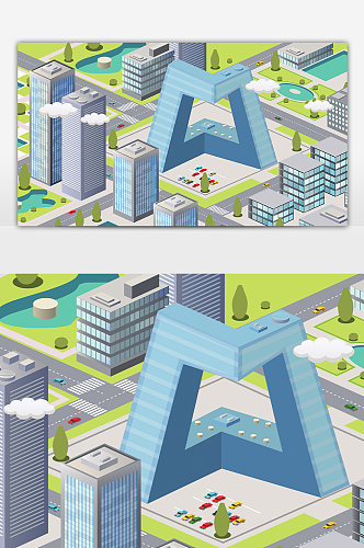 城市立体地标建筑创意插画