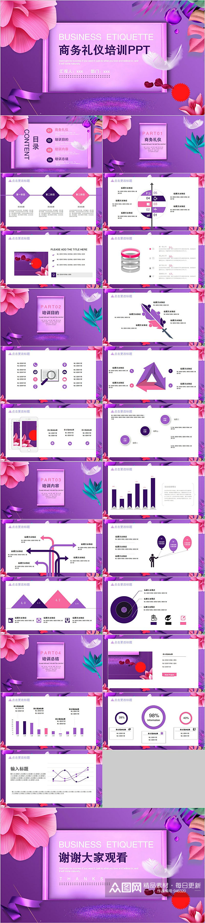 紫色鲜花优雅商务礼仪培训PPT素材