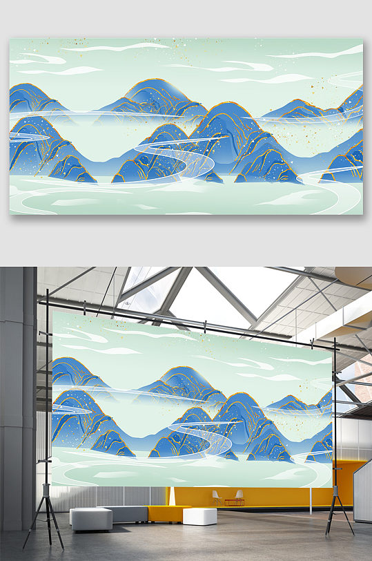 鎏金手绘山脉蓝色国潮免抠背景素材