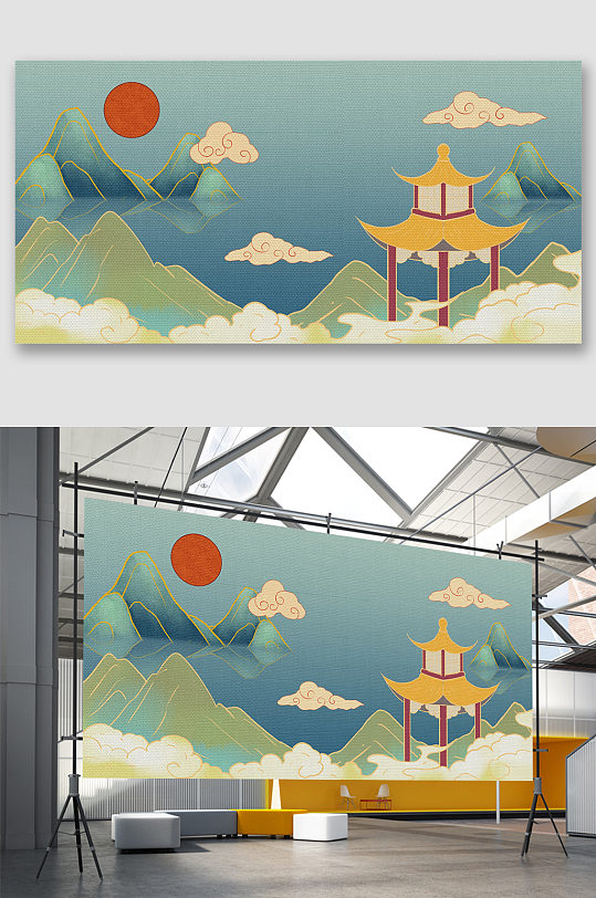 中式风格建筑风景国潮鎏金山水插画免抠背景素材