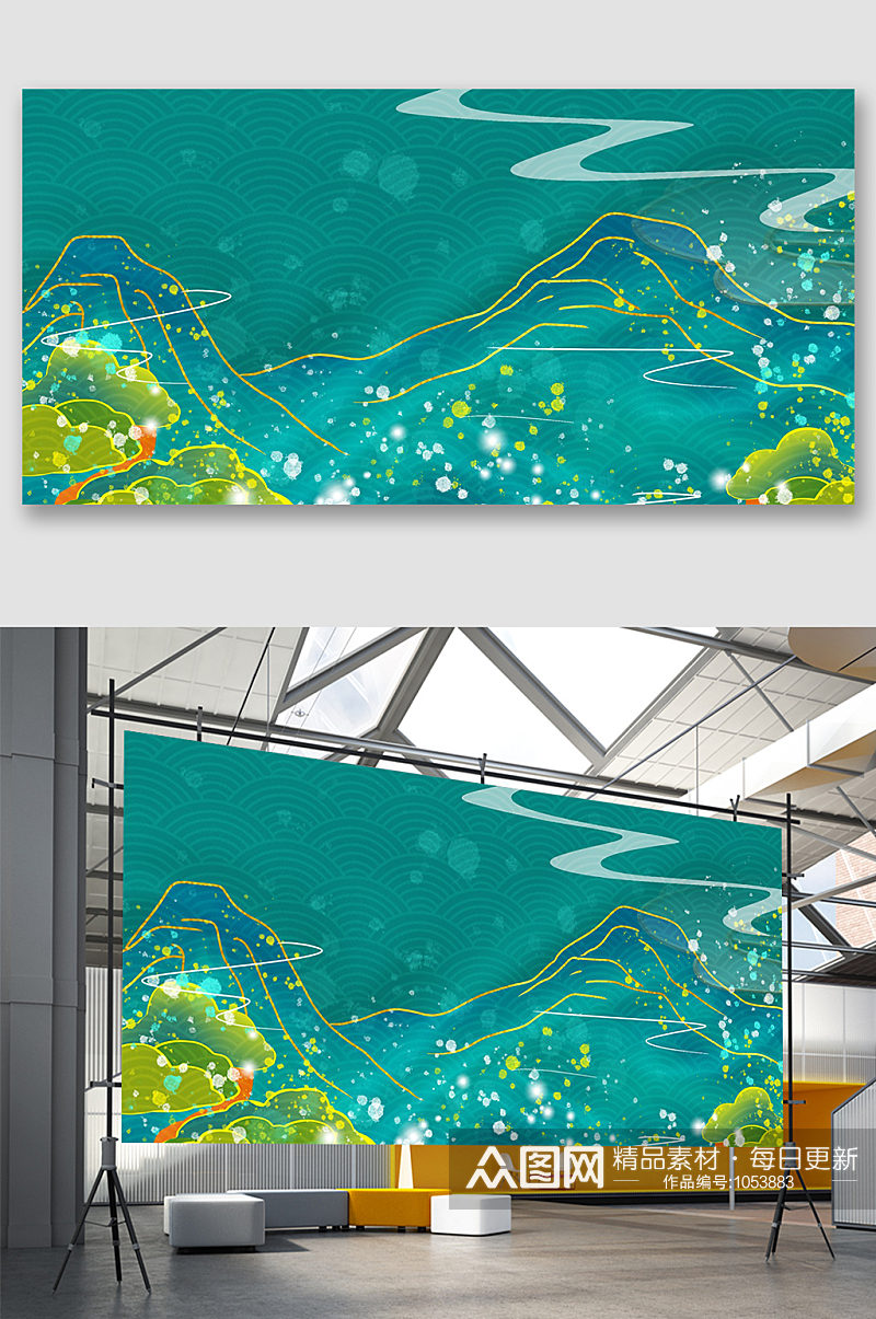 绿色斑斓星点风景国潮鎏金山水插画免抠背景素材素材