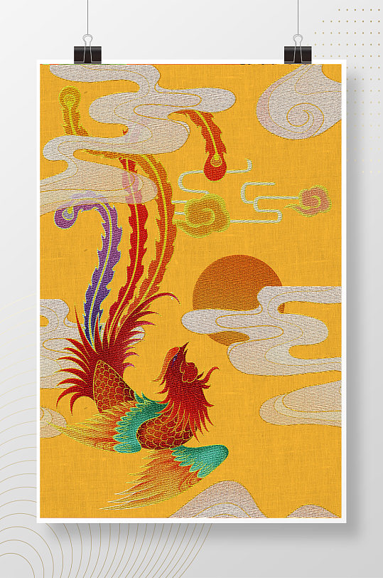 中国风刺绣凤凰鸟国潮免抠背景素材