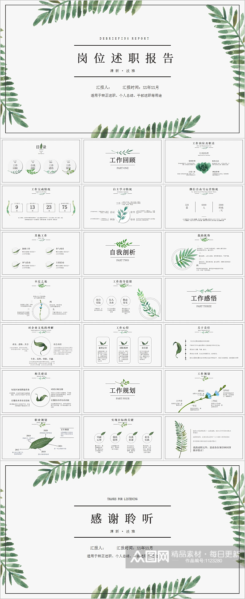 清新简约岗位述职报告PPT模板素材