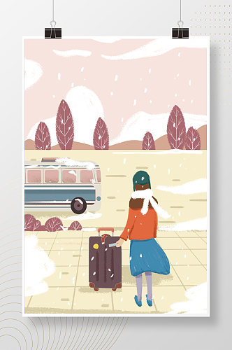 冬季旅行女孩插画