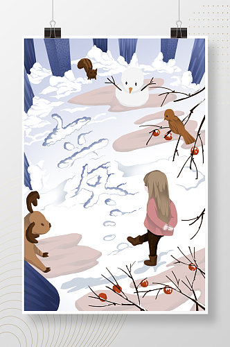 踩雪堆雪人立冬节气插画海报