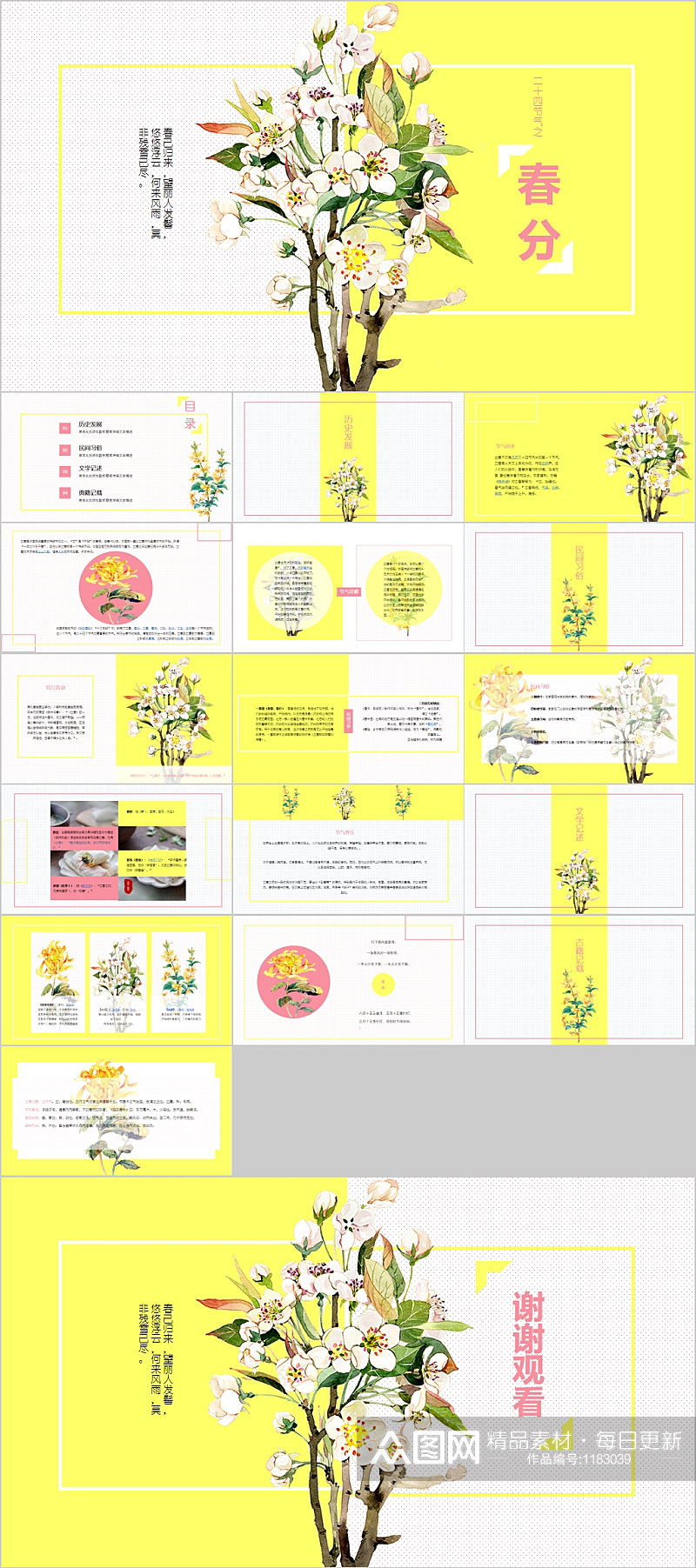 清新手绘鲜花春分节气PPT模板素材