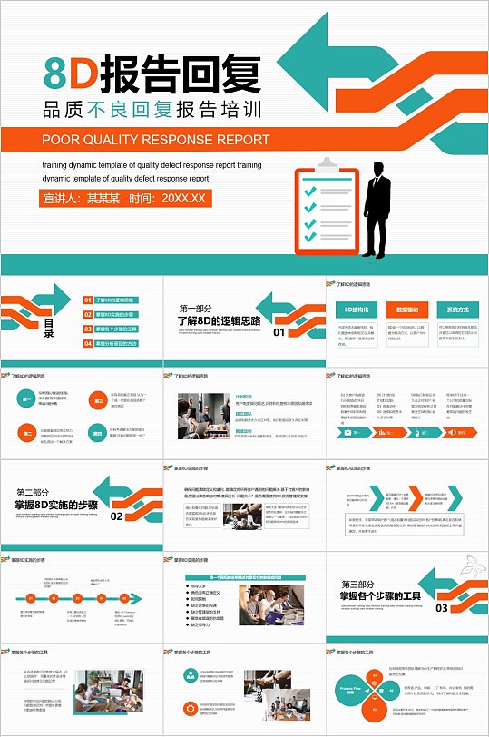 时尚创意商务8d报告回复ppt模板