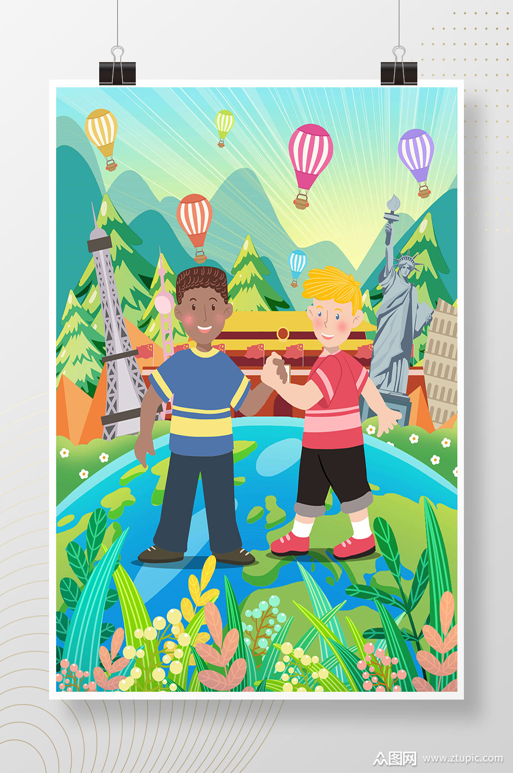 国际友人合作手绘插画素材