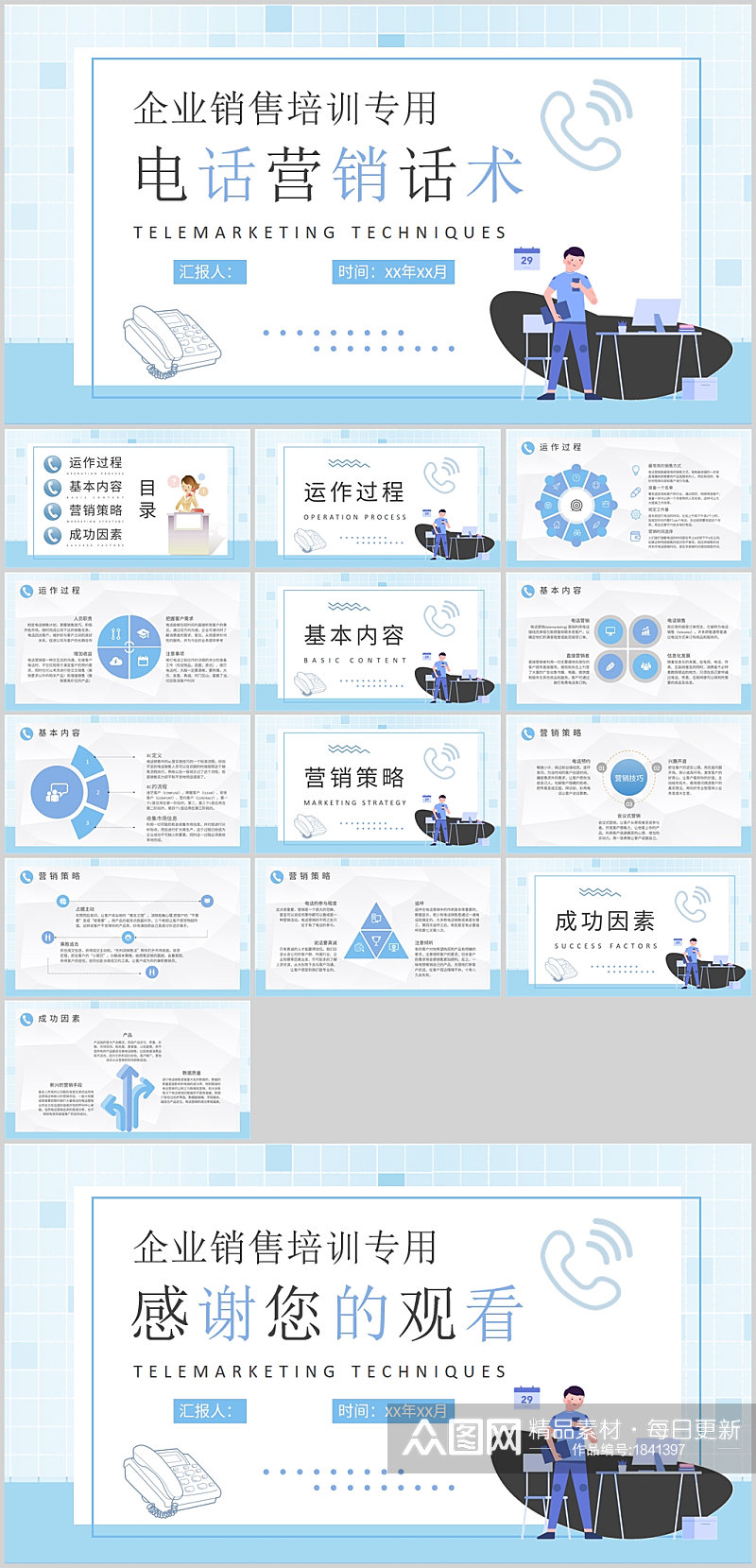 蓝色简约电话营销话术PPT素材