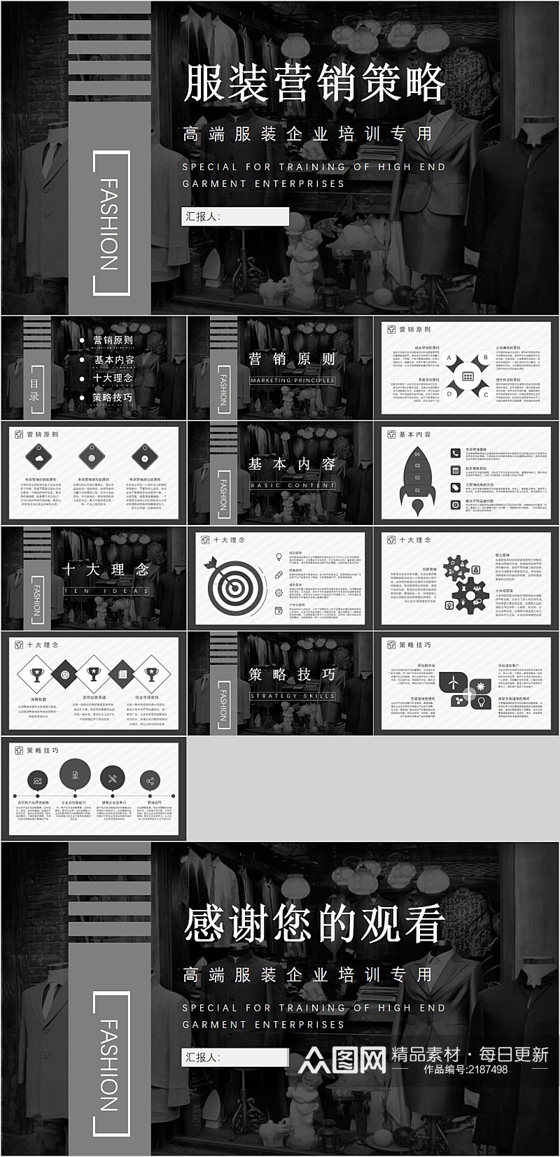 高端服装行业专用黑白PPT模板素材