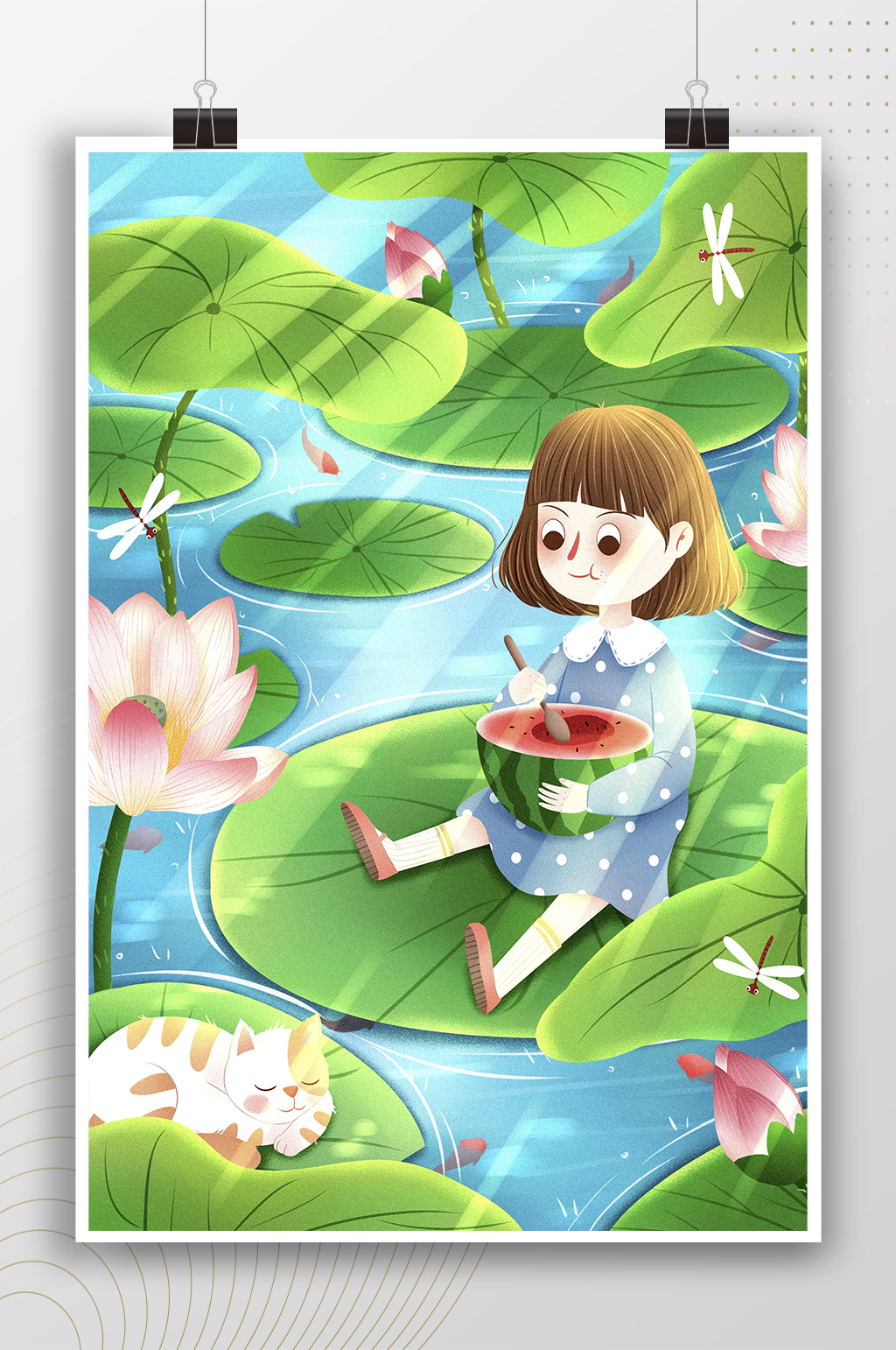 坐在荷叶上吃西瓜的女孩插画