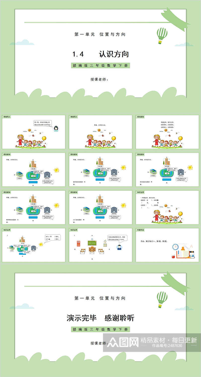 认识方向位置方向绿色PPT素材