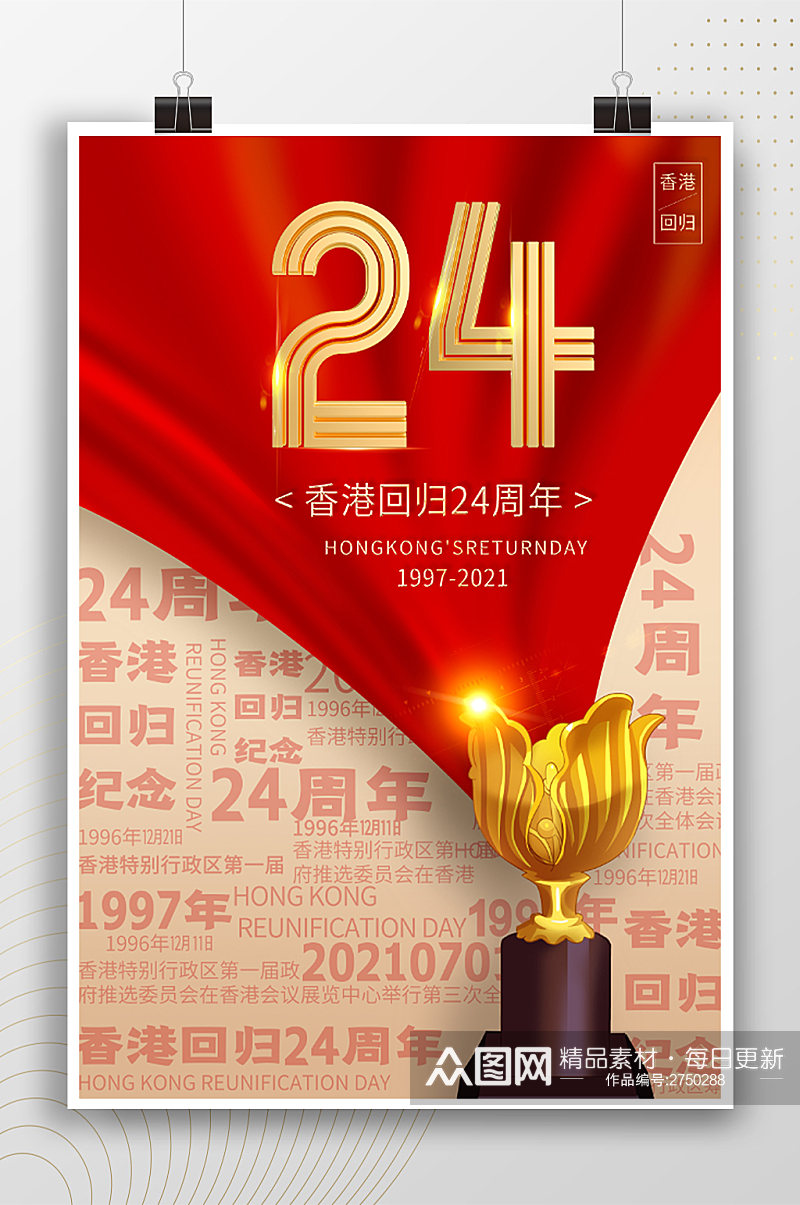 香港回归24周年纪念日历史事件海报素材
