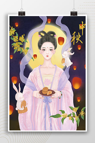 美女嫦娥中秋节插画海报