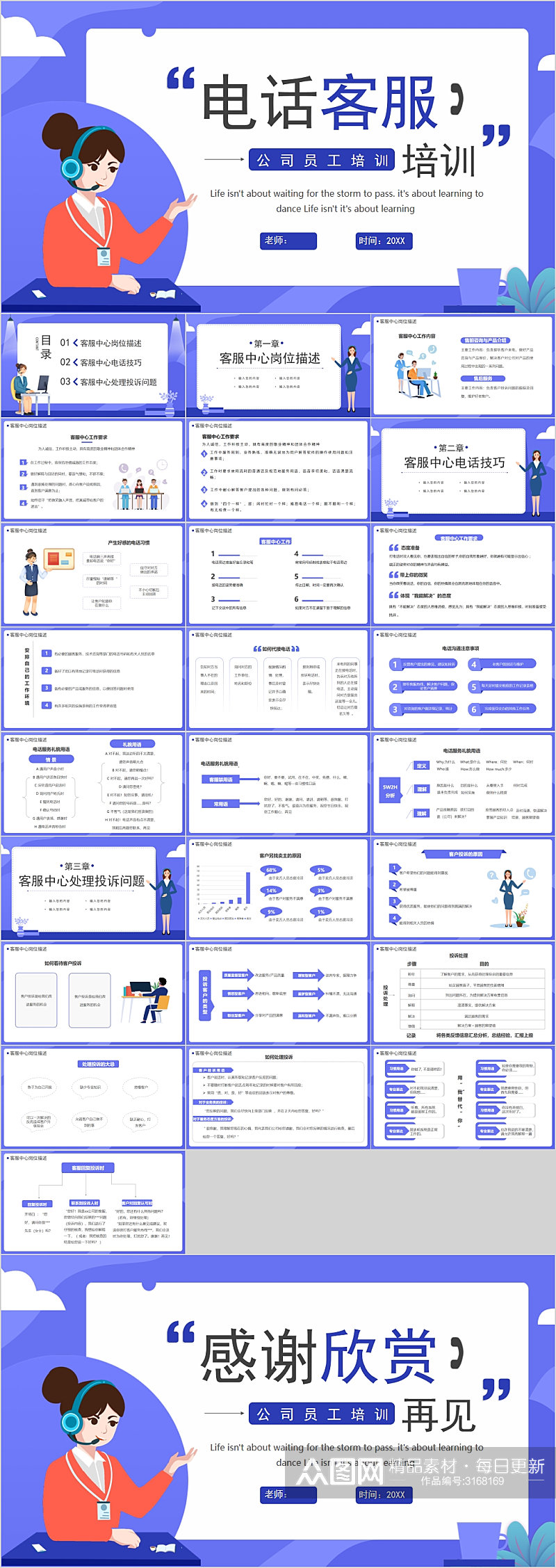 扁平风时尚企业电话客服培训PPT模版素材