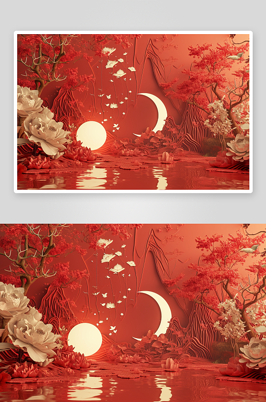 數(shù)字藝術(shù)AI圖紅色喜慶中國(guó)風(fēng)展示素材圖片