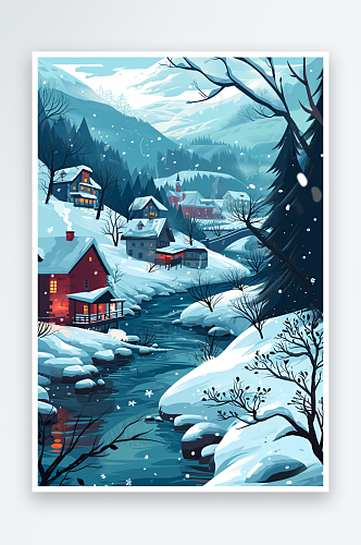 数字艺术AI图冬天雪地房子树木素材图片