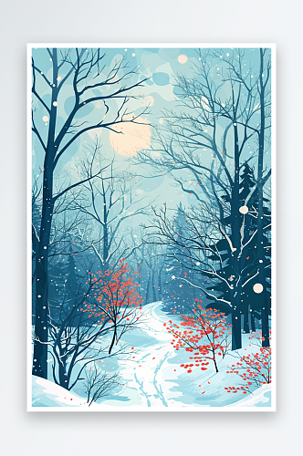 数字艺术AI图冬天雪地房子树木素材图片