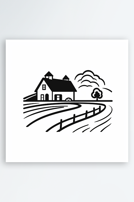 极简线条线稿卡通房子农场AI图