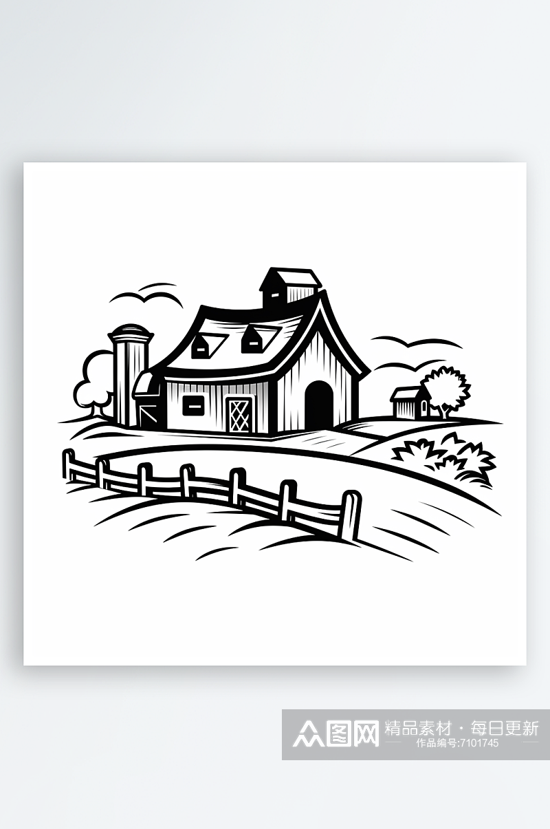 极简线条线稿卡通房子农场AI图素材