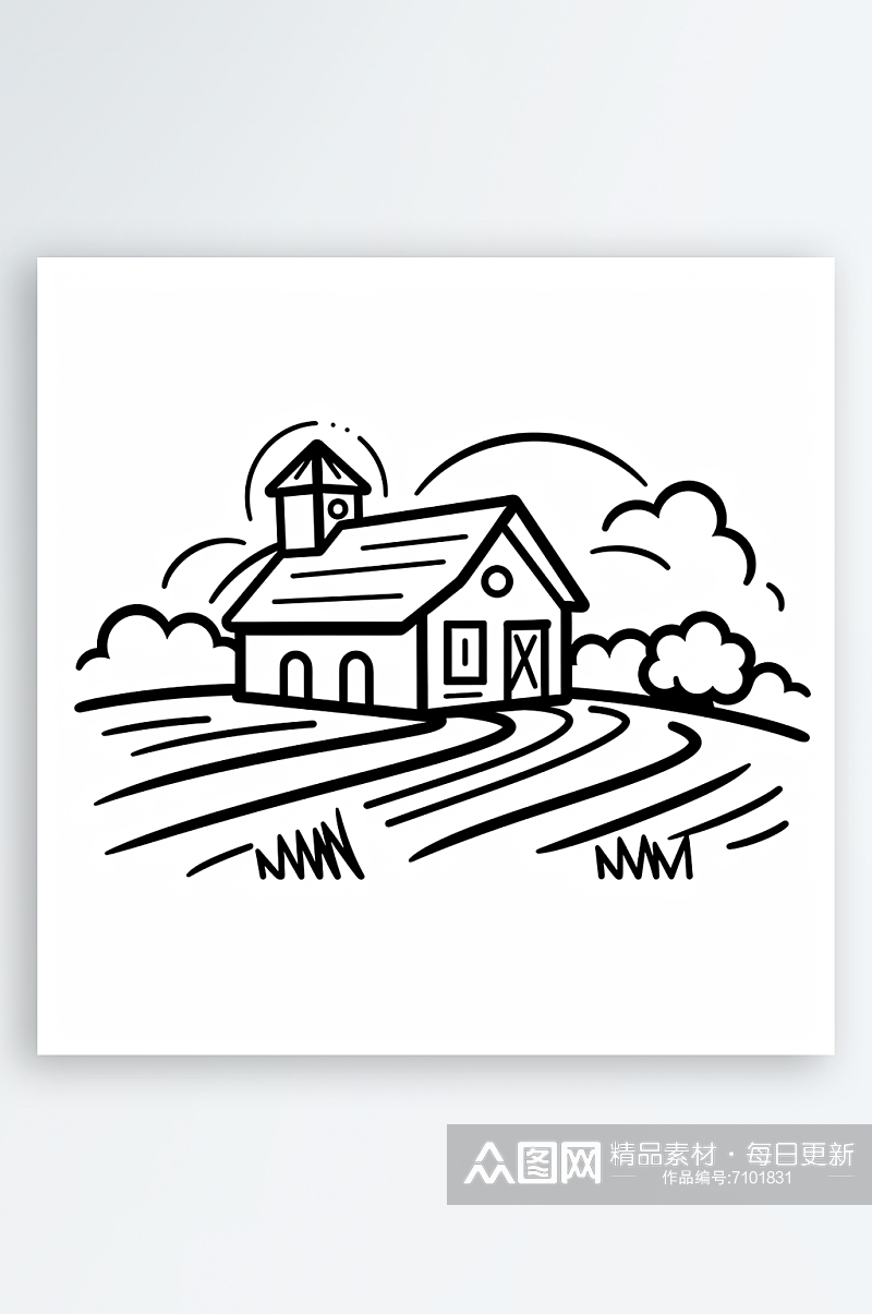 极简线条线稿房子农场AI图素材