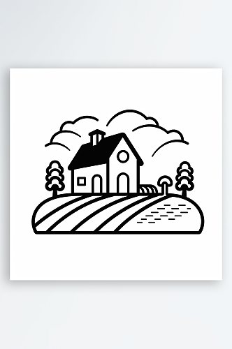 黑白极简线条线稿房子农场AI图