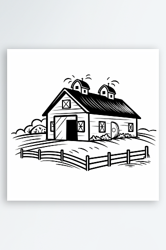 黑色极简线条线稿房子农场AI图