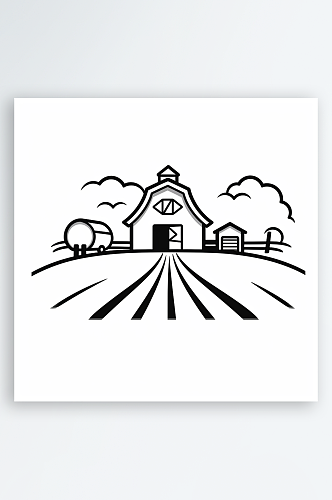 黑色极简线条线稿房子农场AI图
