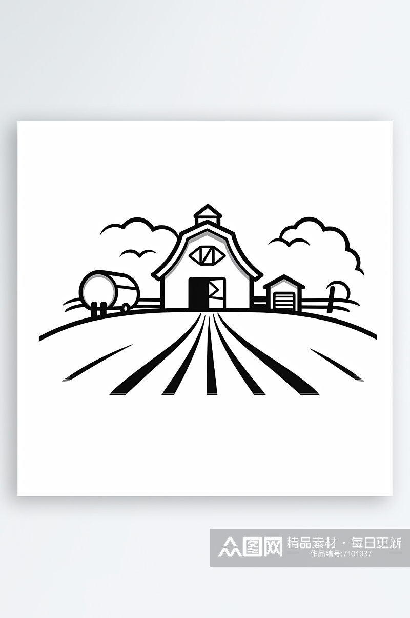 黑色极简线条线稿房子农场AI图素材